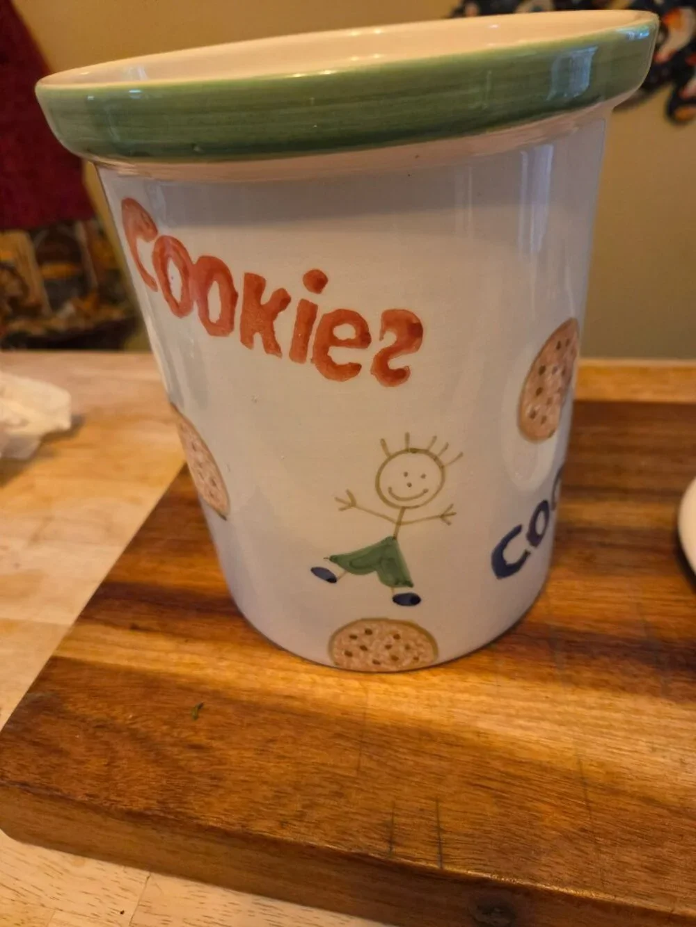 hand painted pier1 Italy cookie jar child stick figures &decorated cookie lid